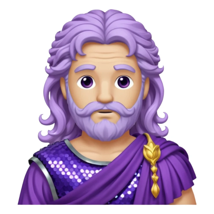 Zeus from Roman Deities with long lilac wavy hair, purple sequin toga sticker