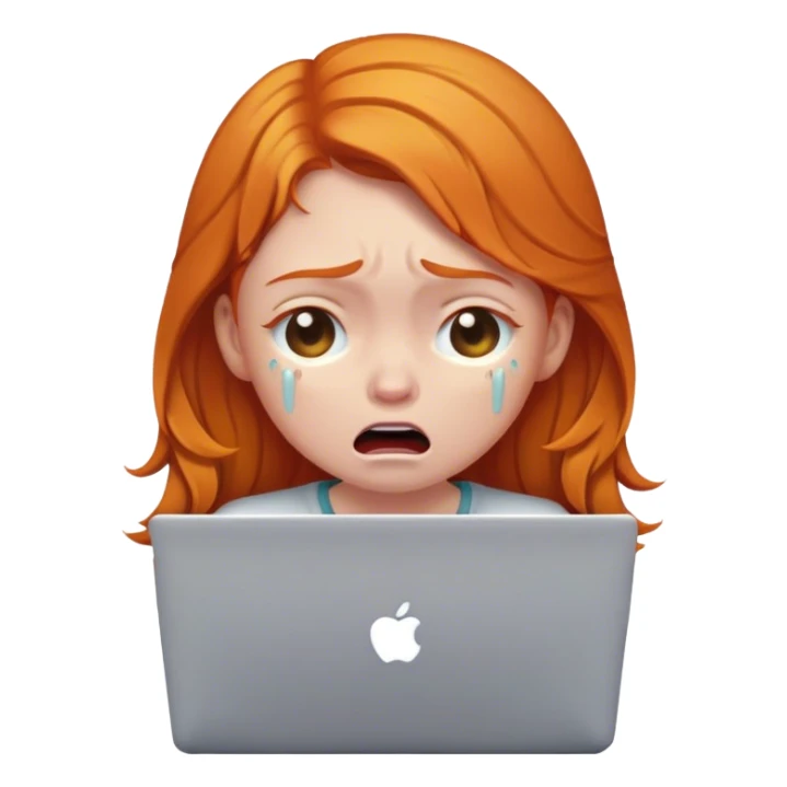 Ginger girl crying with laptop sticker
