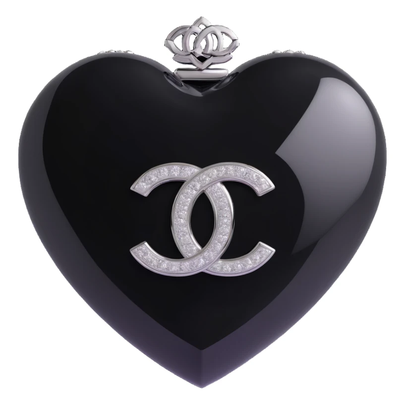 Remove the pearls, keep only the glossy black heart with a diamond accent and silver Chanel logo, elegant, black and white color scheme, keep the background transparent. sticker