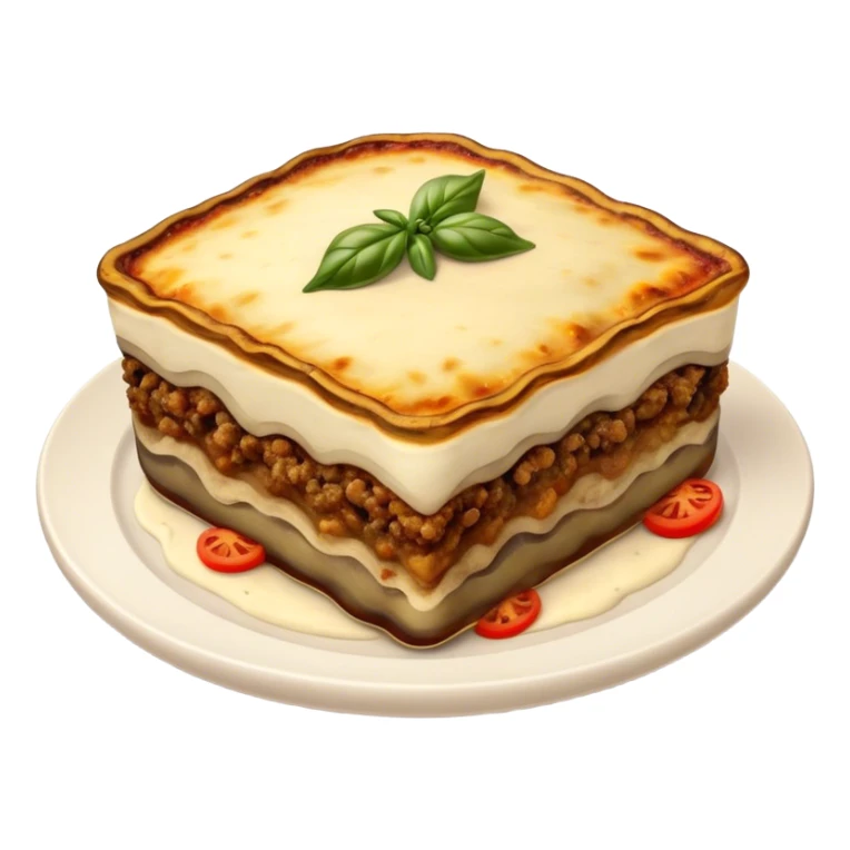Moussaka Cinematic Realistic Moussaka Dish Emoji, depicted as a rustic serving of moussaka with layers of soft eggplant, ground meat, and a creamy topping featuring a delightfully crispy corner, rendered with rich textures and warm, inviting lighting. sticker