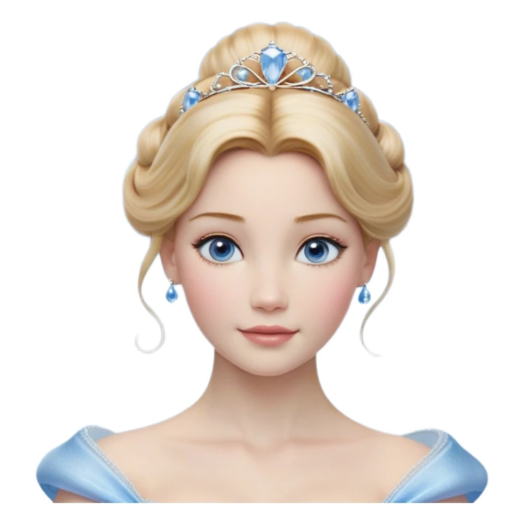 Cinematic Realistic Cinderella Portrait, depicted with lifelike skin texture, subtle rosy undertones, and soft natural lighting that enhances the gentle contours of her face. Her intricately detailed golden blonde hair is elegantly styled in an updo, with delicate wisps framing her face for added realism. Her deep, expressive blue eyes radiate warmth and sincerity, reflecting a quiet resilience and grace. She is dressed in her iconic ball gown, the fabric shimmering with intricate embroidery and fine translucent layers that catch the light beautifully. The soft sheen of satin gloves and the delicate sparkle of a glass-like slipper peeking from beneath her dress add a touch of magical realism. The portrait features an enchanting glow with a natural, luminous finish, seamlessly blending realism and fairytale charm to evoke a sense of depth, elegance, and timeless beauty. sticker