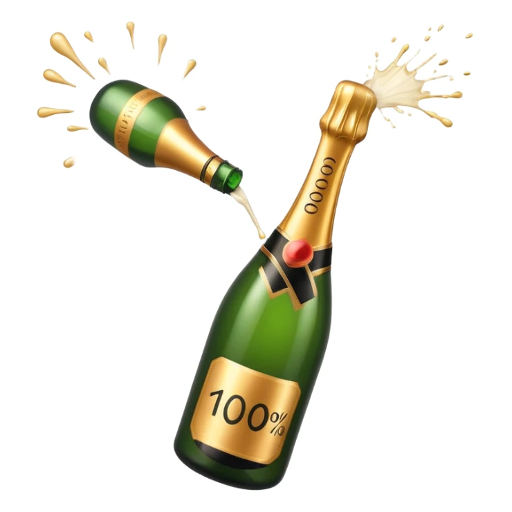 Garrafa de champanhe estourando com o texto 100% saindo dela. sticker