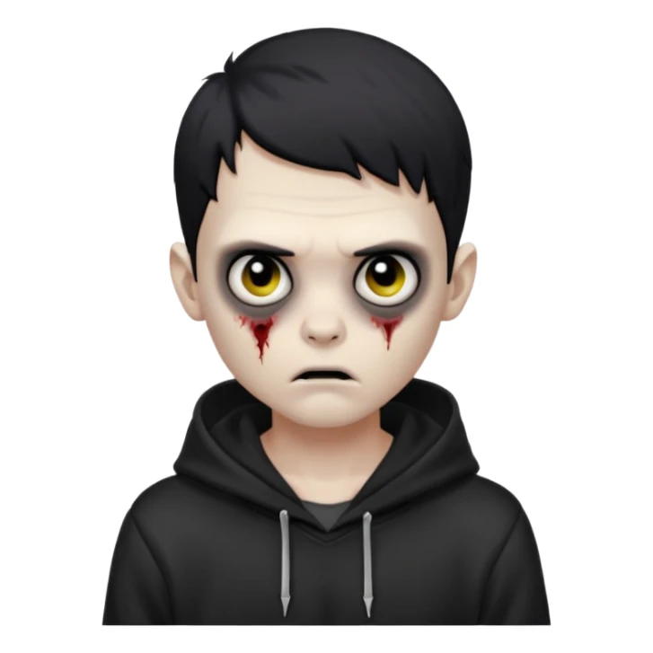 Zombie boy with the short black hair, pale-white skin, black eyes, little fangs and dark circles under his eyes. He has serious face and he wear a black hoodie sticker