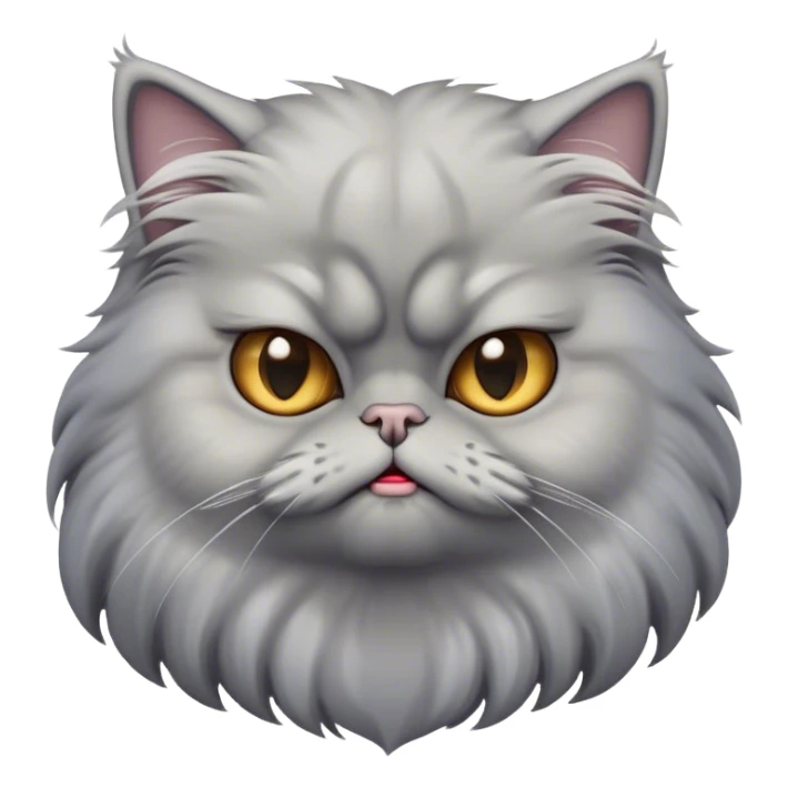 Cinematic Derpy grumpy comical Grey Persian Cat Portrait Emoji, Head tilted playfully with an adorably awkward expression, fluffy grey fur with soft silver undertones, Simplified yet hilariously derpy features, highly detailed, glowing with a warm but slightly confused glow, high shine, a mix of lazy and clueless, stylized with a touch of whimsy, bright but with a completely derpy and grumpy face, soft glowing outline, capturing the essence of a quirky yet chubby, grumpy kitty, so endearing it feels like it could stretch out of the screen and demand attention with its wonderfully derpy charm! sticker