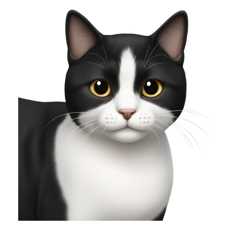Small tuxedo short-haired cat with black fur on top and face and white tummy sticker