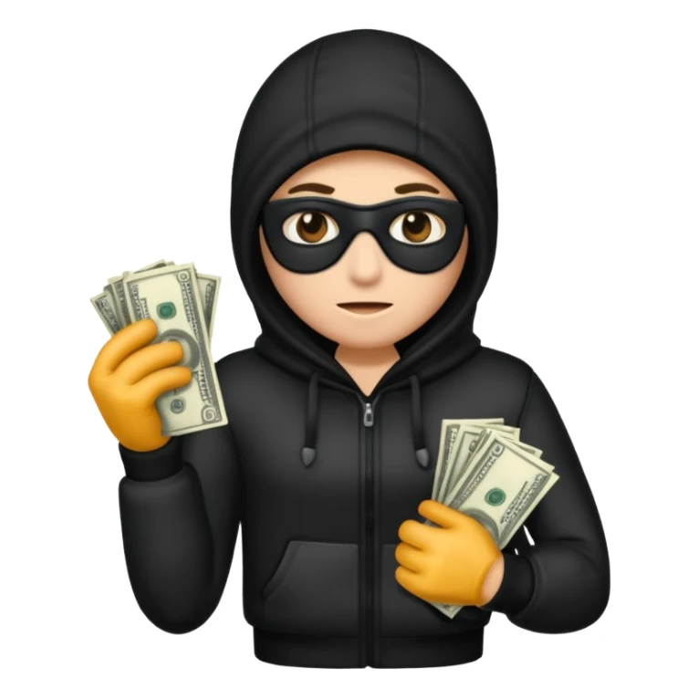 Robber with money na mão direita com uma blusa de frio preta e moreno sticker