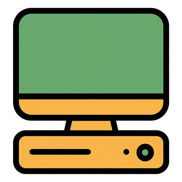 thumbnail of a computer, green and orange colors, black background, modern icon style sticker
