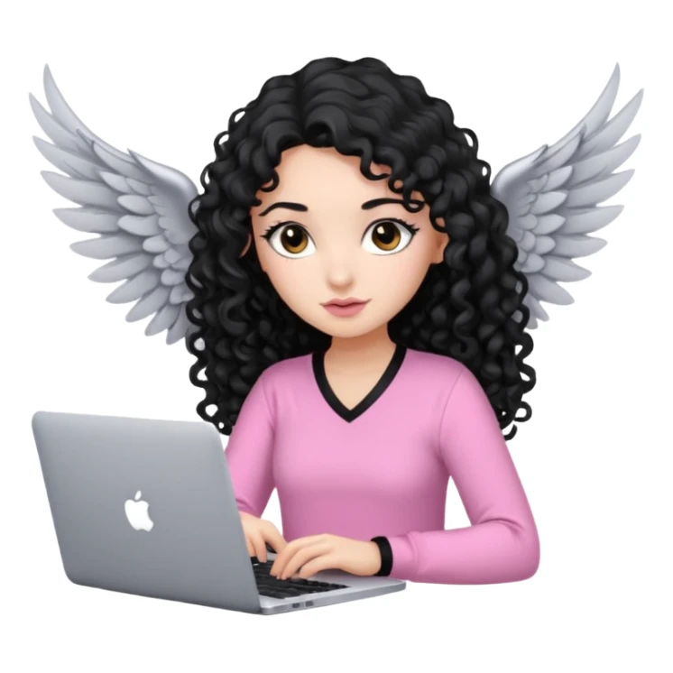 a girl typing mac book with long black curly hair and brown eyes with winged black eyeliner, pink shirt sticker