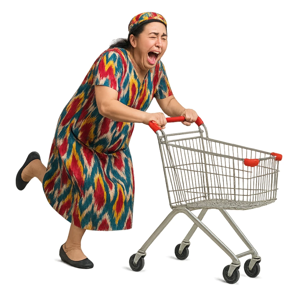 hysterical Uzbek woman with a shopping cart sticker