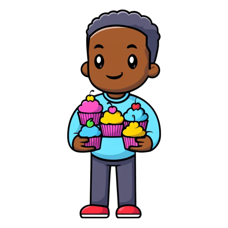 Cheerful large African American man holding colorful cupcakes sticker