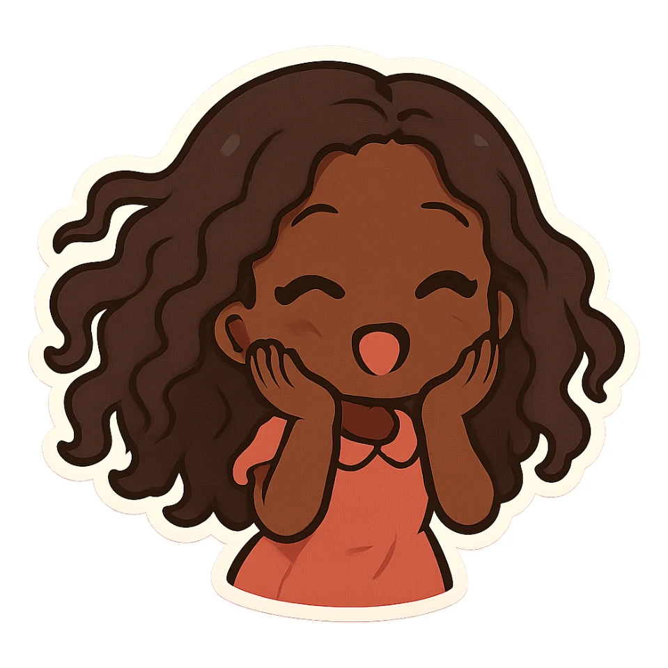 chibi anime style, Black girl with long curly hair, hair waving, hands on cheeks, pink background sticker