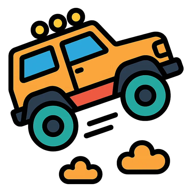 off-road vehicle jumping, action-packed, icon style sticker