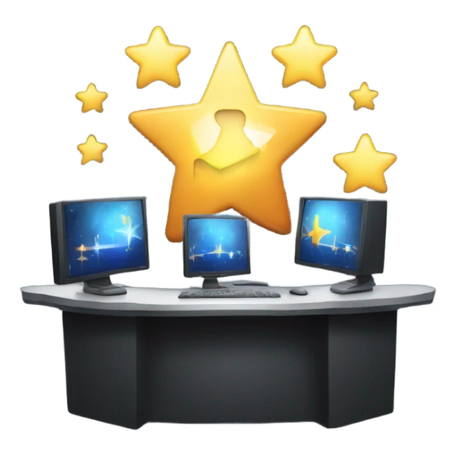 A news anchor desk icon with three glowing stars above it, styled with a sleek, modern design and glowing accents. sticker
