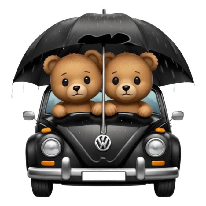 Two teddy bears sleeping in black Volkswagen in the rain sticker