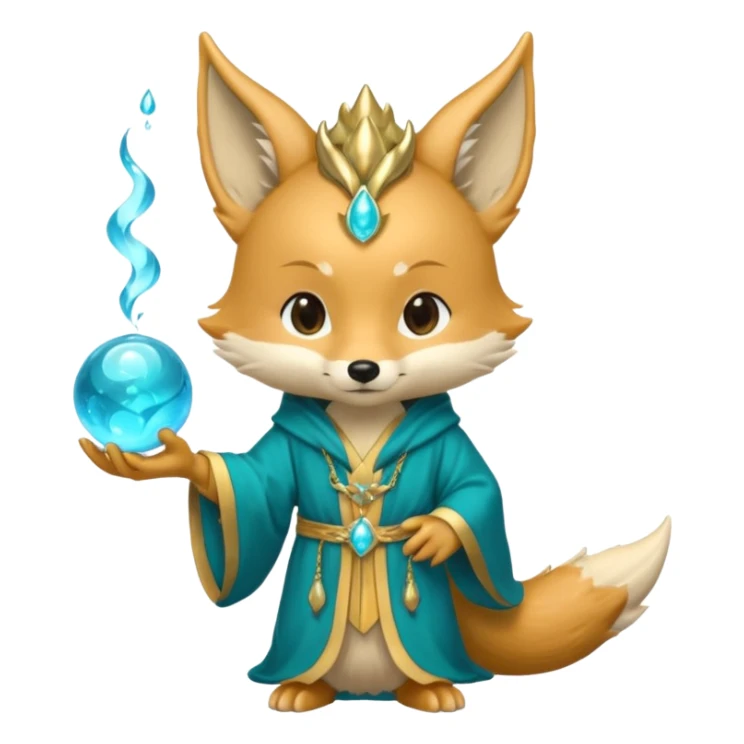Chibi teal fox with gold mark on forehead, teal-gold robe, holding glowing blue water orbs, with dragon tail on its backside with small antler horns on its head sticker