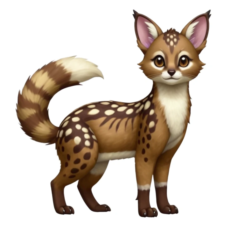 Colorful dark realistic chocolate-brown tropical beige fur glorious divine exotic cute cool beautiful shiny beautiful fantasy-Furret-Eevee-caracal-civet-genet-sergal-vernid-Cacomistle-oncilla-animal-Fakémon-hybrid-fursona with white deer-spots pattern markings (full body) sticker