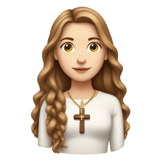White girl, with brown long hair and a cross necklace sticker