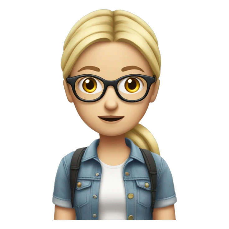 blond and white tall german girl wearing jeans and normal clothes. She wear glasses and her hair with a bun.  She holds a tennis racket and she look scared sticker