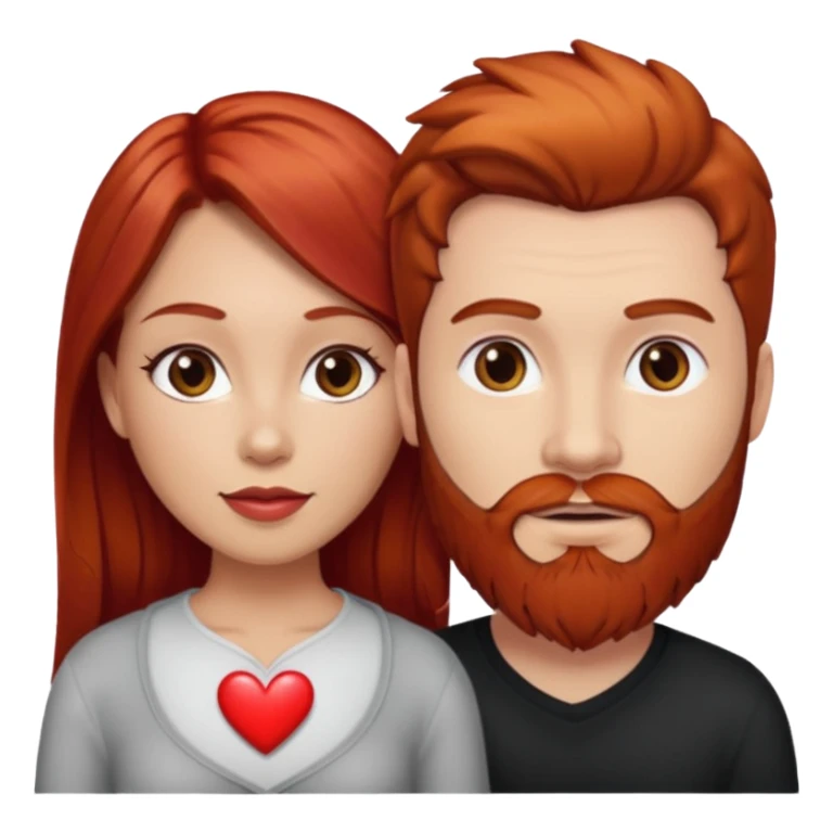 👩🏼‍❤️‍👨🏽 Something like this, but make the guy more lighter and give the girl a bit more red hair like ginger style make the guy have dark brown hair, same with the beard and add a heart in the middle above us make the guy have brunette beard and hair sticker