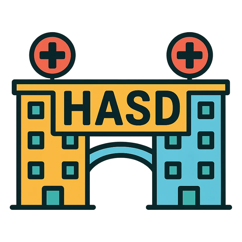 stylized icon of a bridge between two distinct hospital buildings with bold and prominent 'HASD' text standing on the bridge sticker