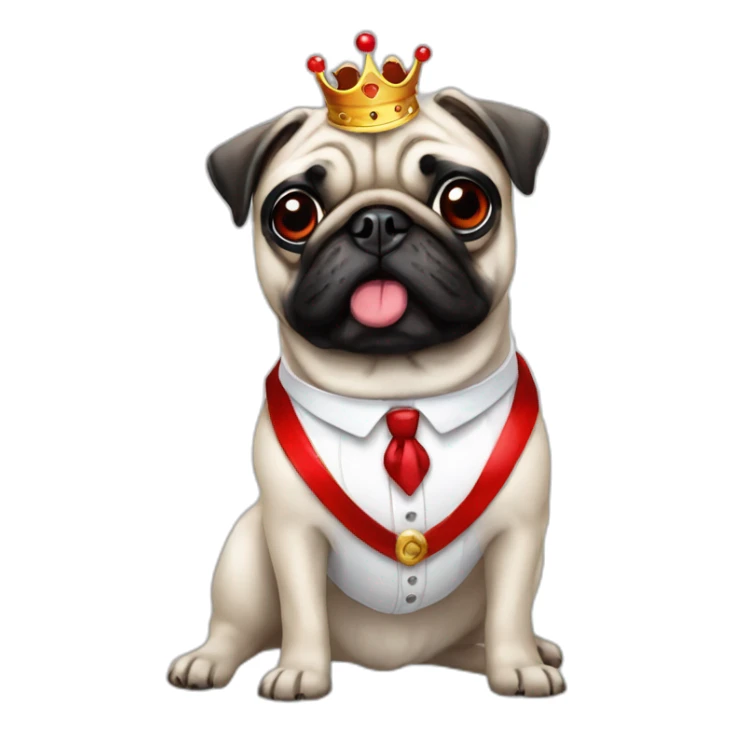 A dog (pug) with a crown in a white suit and a red bow an black braces sticker
