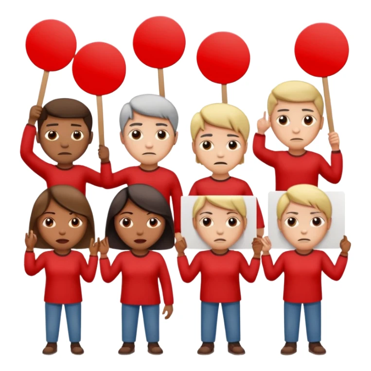 a crowd of people with unhappy faces and holding placards on which everything is crossed out in red sticker