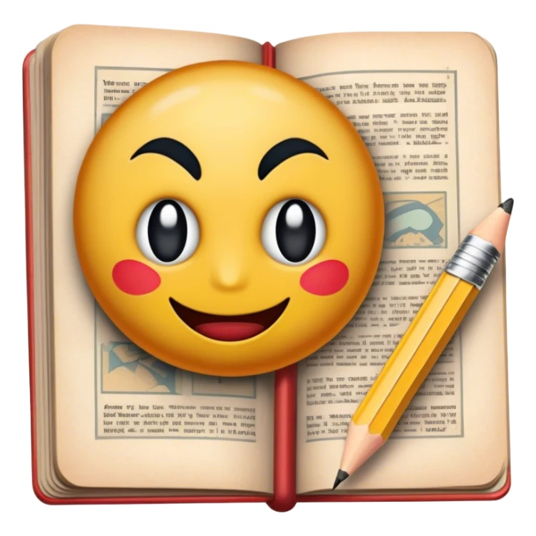 Create a detailed emoji representing the process of writing texts for comic books. The design should feature a large, open comic book with vintage comic strips visible on its pages. A pencil should be shown writing text on one of the comic panels, but without a hand. The pencil should appear as though it is actively creating the dialogue or narration. Use a classic color palette with muted tones for the comic book and brighter accents on the pencil to draw attention to the writing process. Do not include any emojis or smiley faces. Make the background transparent. sticker