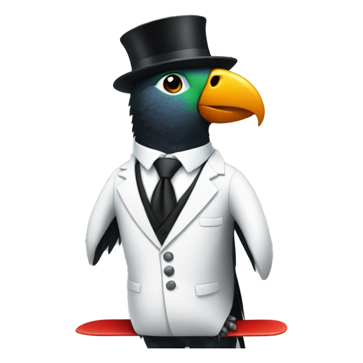 Snowboarding parrot who is wearing a black suit with a white tie sticker