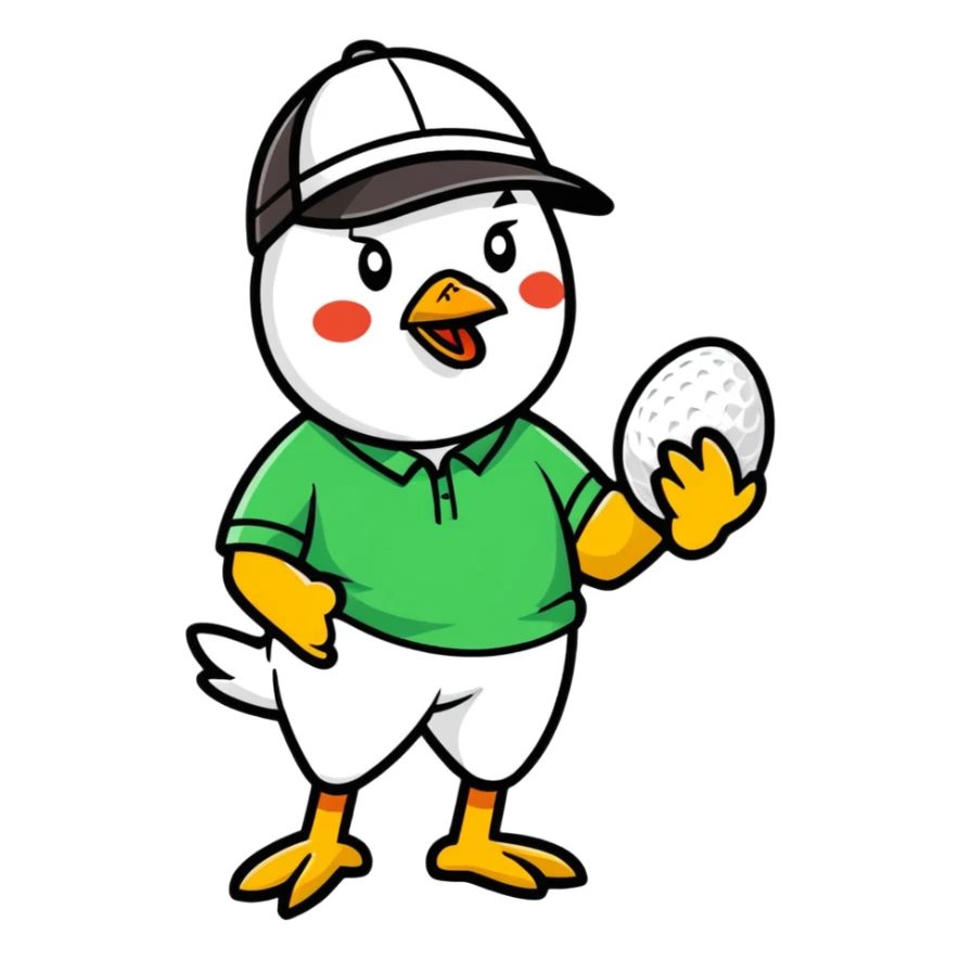 A Man wearing a golf hat holding a chicken sticker
