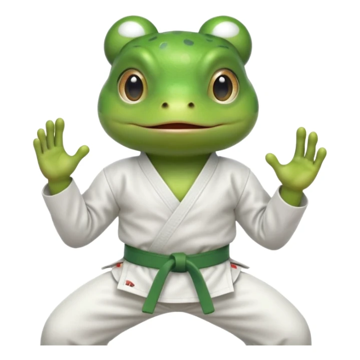 cute frog doing karate portrait, head and shoulders only, wearing white gi uniform, green belt visible, funny serious face, 3D cartoon, mobile game icon style, clean background, no text, no watermark
 sticker