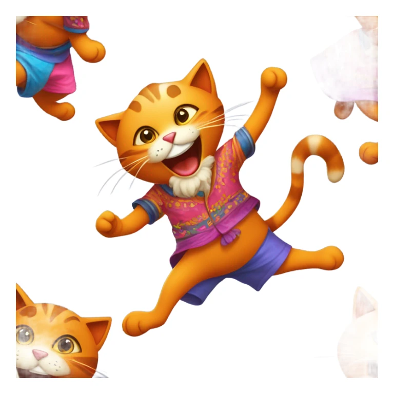 On a sunny afternoon, a cheerful cat dressed in vibrant, colorful clothing strolled through a bustling marketplace. The bright hues of its outfit caught the attention of passersby, making everyone smile. In its paws, the cat carefully carried a shiny orange, a perfect, ripe citrus fruit that seemed to glow in the sunlight. As it walked, the cat playfully danced to the rhythm of the lively music playing nearby, occasionally stopping to greet friendly faces and share a laugh. Write a story about this delightful cat's adventure in the marketplace, the reactions of the people it encounters, and the significance of the orange it carries. What surprises await the cat on this joyful day? sticker