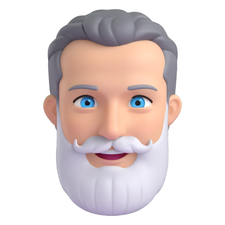 A middle-aged man with a medium black and gray beard, short dark hair cut to the scalp on the sides and combed back on top, blue eyes, smiling sticker