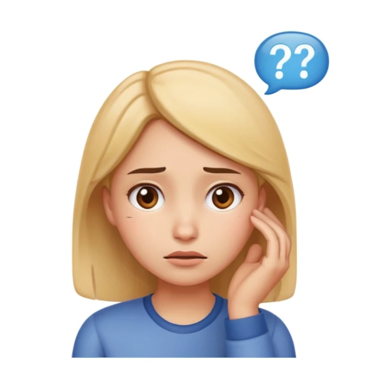 female student emoji, looking puzzled, holding her head with one hand, thinking hard about a difficult math problem, expressive face sticker