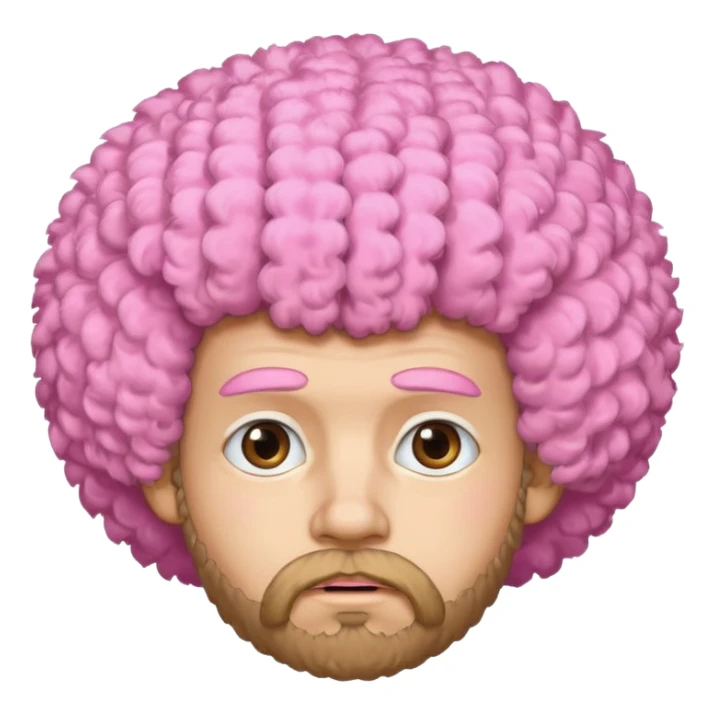 A light-skinned man with a fluffy pink afro, brown eyes, a beard, and a slightly uneasy expression. sticker