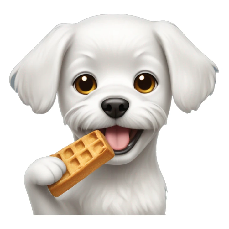 small white dog with small head eating a treat sticker