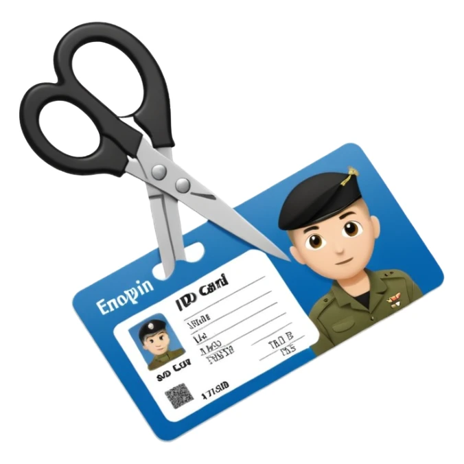 Floating black Scissors cutting in half an idf soldier ID card with a little chip in 2 parts sticker