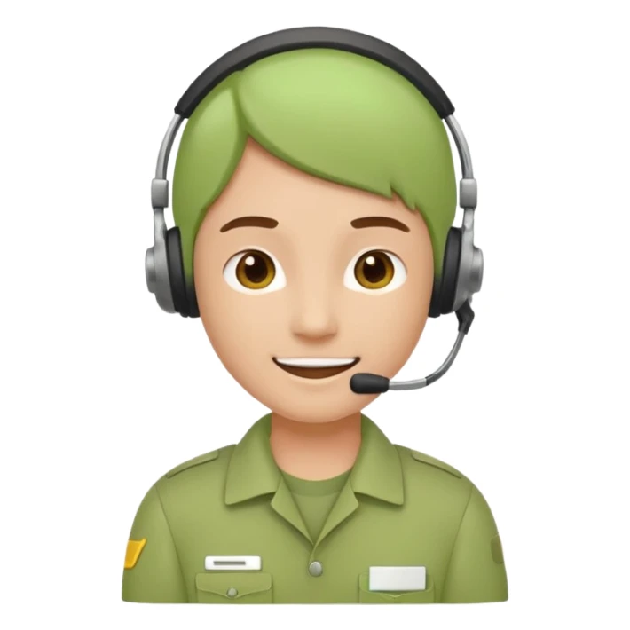 A modern flat emoji depicting a call center employee wearing a light green uniform and headset, with a friendly expression, a minimalist design, bright colors, and a white or transparent background. sticker