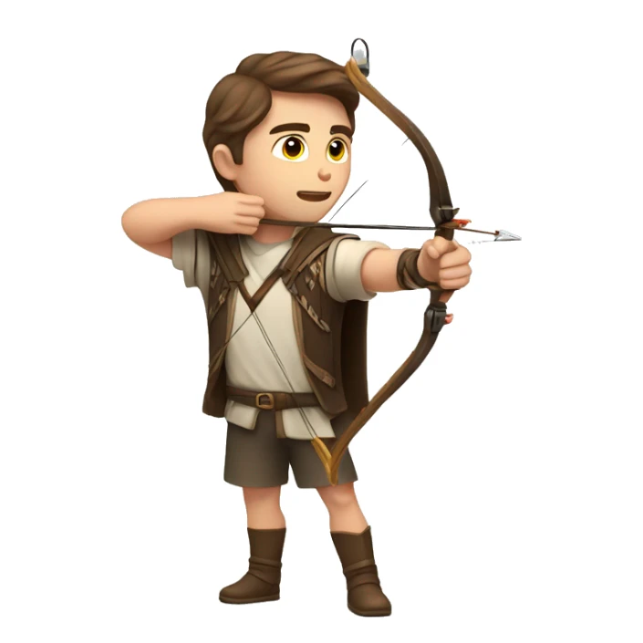a male archer aiming with a bow, brown hair, bright skin, sticker