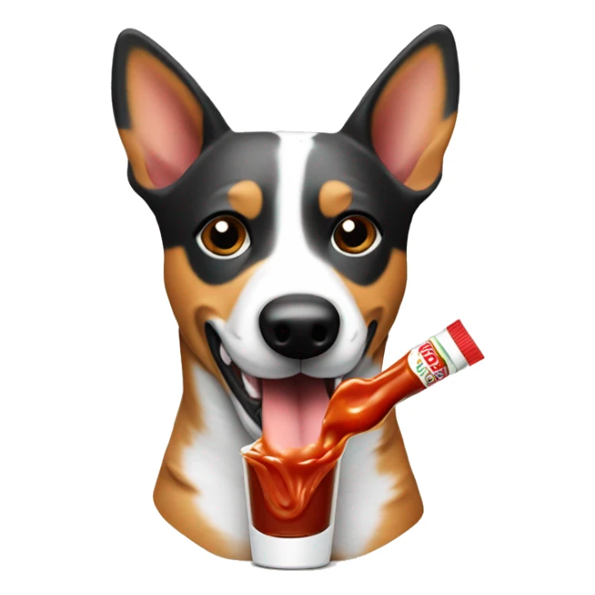Australian cattle dog holding tobasco sauce sticker