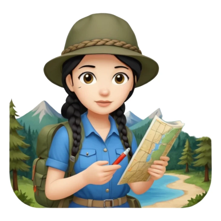 A braid black hair backpacking woman checking her map with curious eyes while walking with camping hat full body sticker