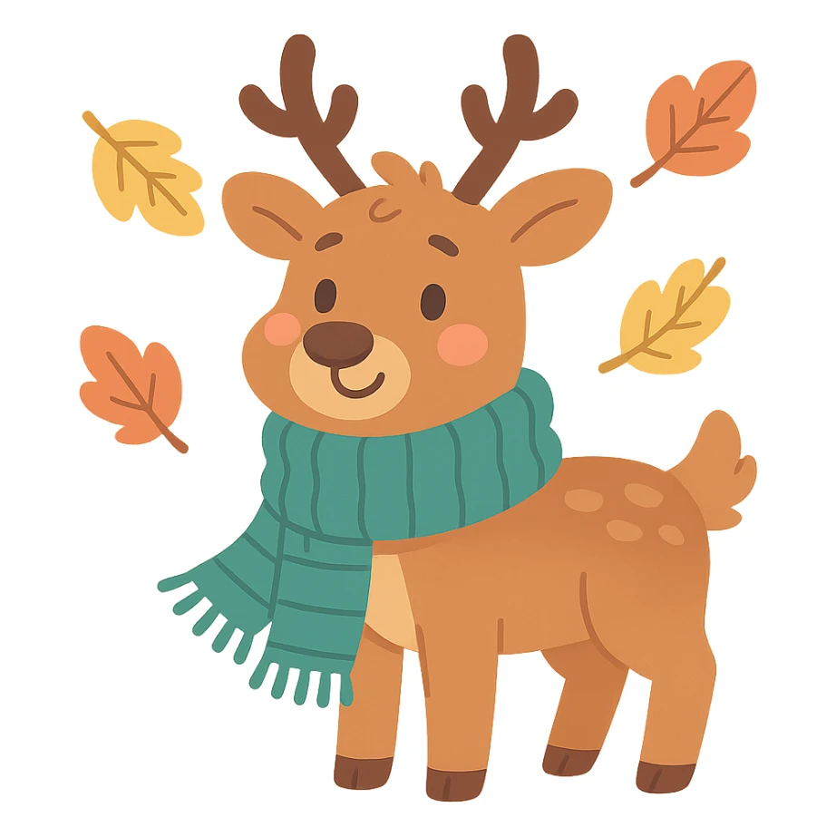 deer in a wooly scarf among falling leaves, cozy fall palette, pastel-toon style sticker