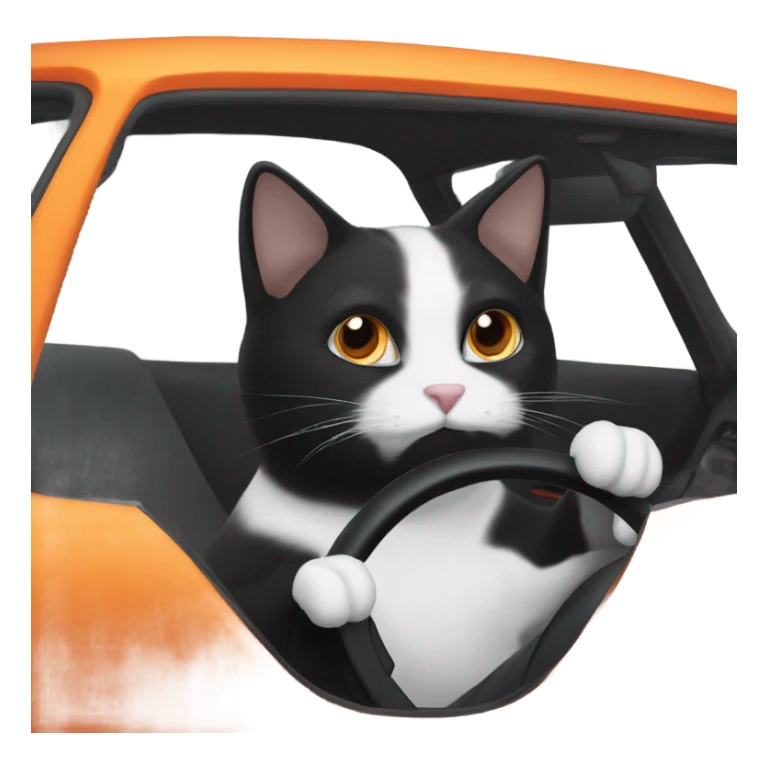 Black and white cat driving an orange car ￼ sticker