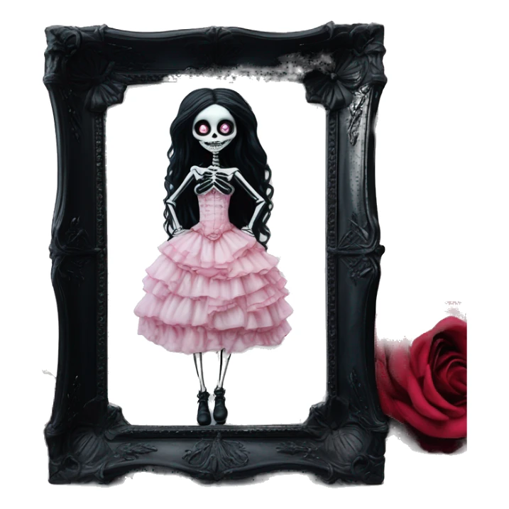 PINK LANDSCAPE PICTURE WITH FRAME: full body, hyper realism, full height skeleton, tim burton "corpse bride", thin porcelain doll with a cracked face, goth makeup watery eyes, long hair, lace and ruffles, lolita style, inked, black and white, red roses sticker
