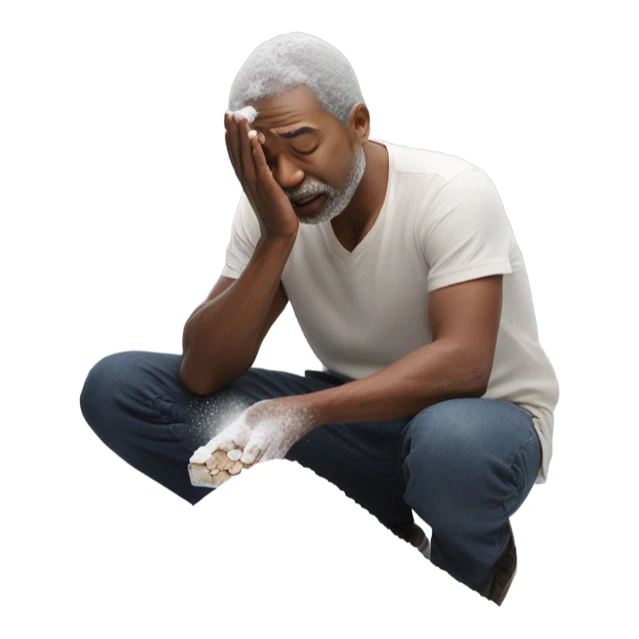 Man sniffing a pile of powdered sugar sticker