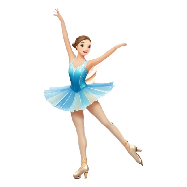 An colorful icon featuring a graceful figure skater performing a spin on the ice. The background includes a grand ice rink palace with shining spotlights and cheering spectators in the stands. Transparent background highlights the elegance and artistry of figure skating sticker