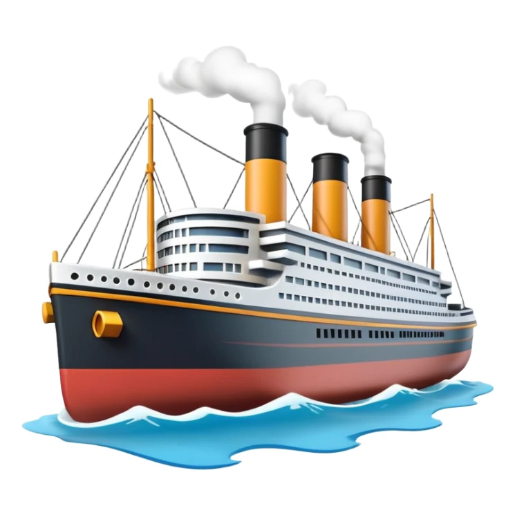 A miniature 3D Titanic ship emoji in Apple style, small and compact with smooth glossy surface, bright clean colors, simplified but recognizable details like smokestacks and windows, no facial features, floating on calm ocean, soft shadows, high-quality render, isolated on white background.



 sticker