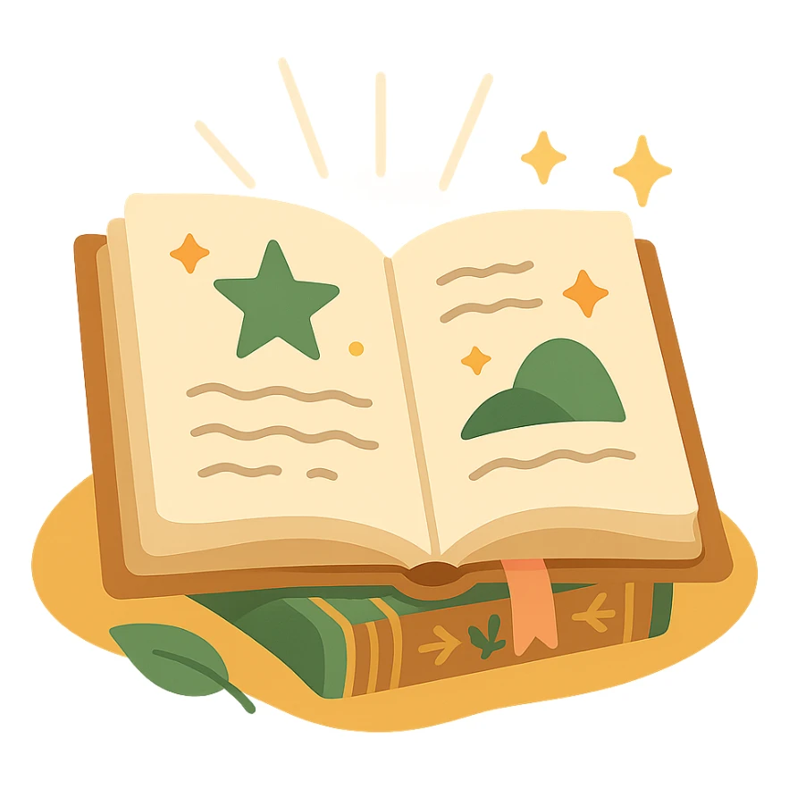 A cute open book lying on a cozy surface, designed in a soft and magical color palette: golden orange (FA9B41), deep forest green (4A7C5C), warm taupe brown (96775A), and pastel peach (FFCC9A). The pages are slightly aged with gentle curves, featuring whimsical illustrations, tiny stars, and elegant handwritten text. The book cover, visible beneath the open pages, has decorative patterns and a ribbon bookmark in peach and green tones. Around the book, add soft light, a few leaves, or glowing sparkles, creating a dreamy, enchanted, storybook-like atmosphere. The overall mood is warm, magical, and gentle sticker
