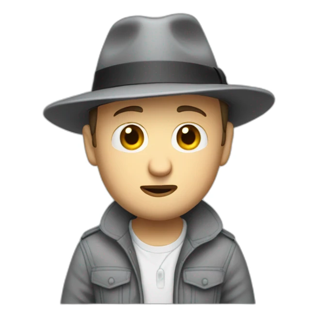 tim robinson wearing a grey fedora with a grey flap on the back white shirt only looking scared and sad 3 quarter angle, hat has a flap of fabric on the back sticker