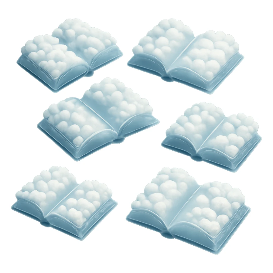 thick open book viewed from above, made entirely of small very bright white fluffy convex clouds, matte glass style sticker