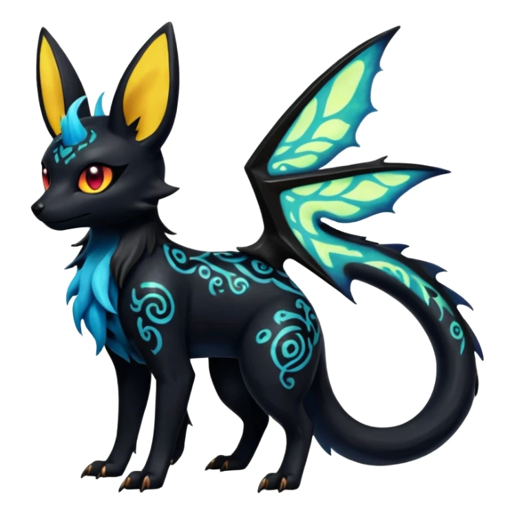 Shiny Fiery Dark Glowing Eldritch Horror Cool Edgy Badass Emo Glorious Demonic Batty Punky Aural Iridescent Fluorescent Bioluminescent Umbreon-Amaura-Salandit-Litten-Flareon-Fakémon-fusion (full body) with intricate pattern markings sticker